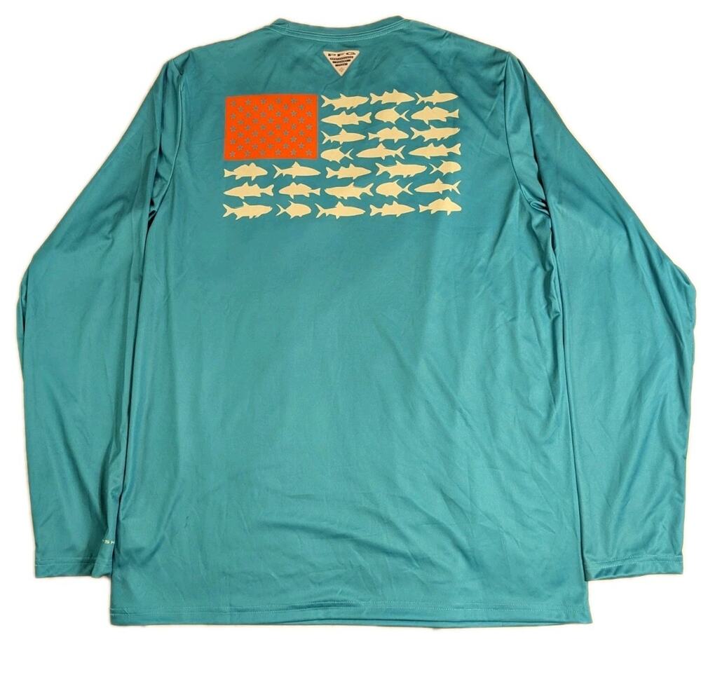 Columbia PFG Terminal Tackle Shirt Mens Medium Omni Shade Teal Blue Fishing Flag